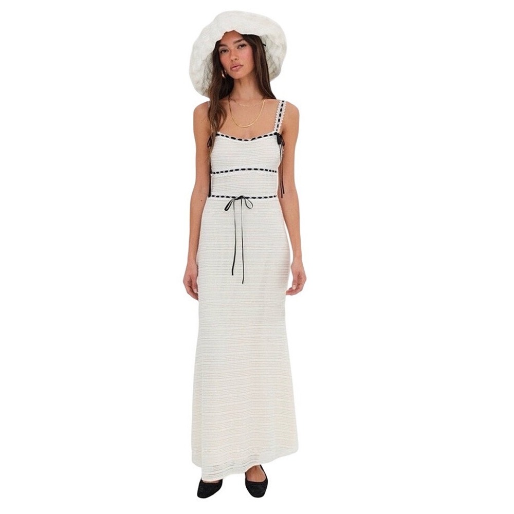 For Love & Lemons Mayfair Maxi Dress White Crochet Knit Ribbon Bows Medium